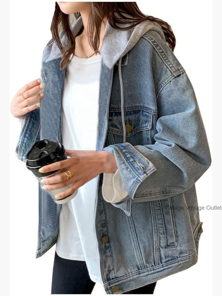 Oversized Distressed Denim Jacket With Hood, Cropped Fit, Cotton Polyester Blend